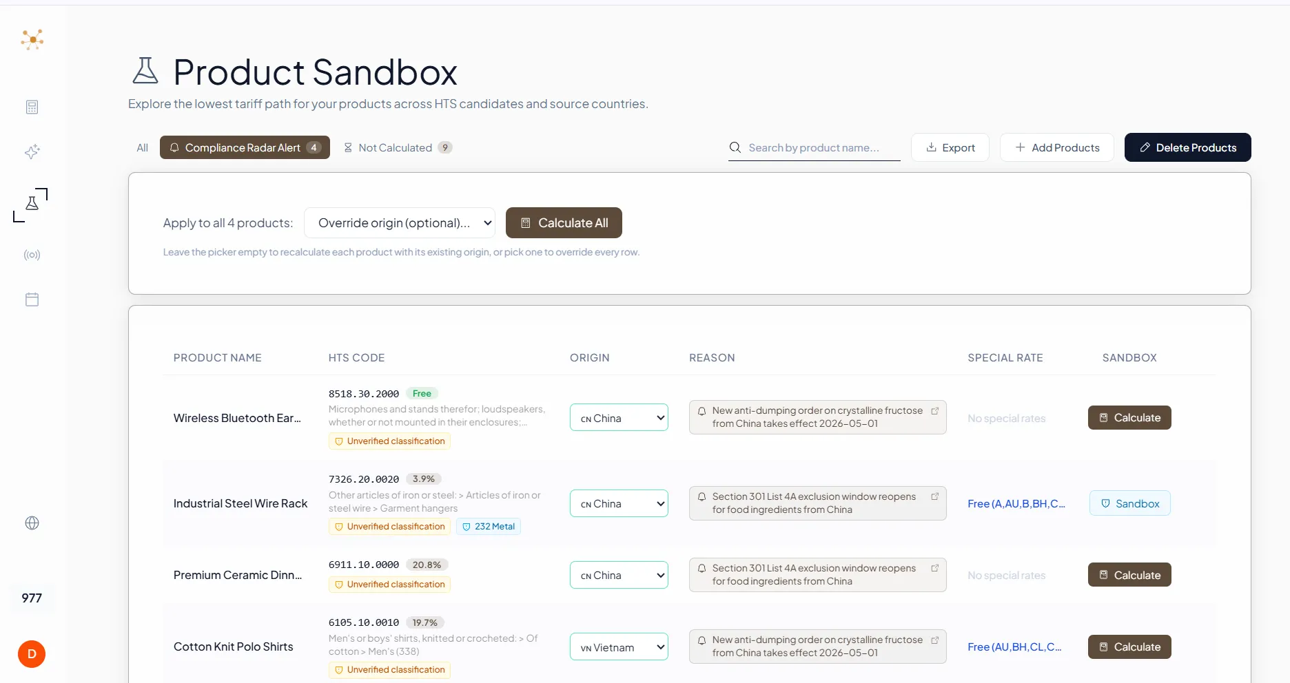 Compliance Radar Alert tab inside Product Sandbox listing four affected products (Wireless Bluetooth Earbuds, Industrial Steel Wire Rack, Premium Ceramic Dinnerware, Cotton Knit Polo Shirts) with per-row reason badges and a bulk Calculate All control