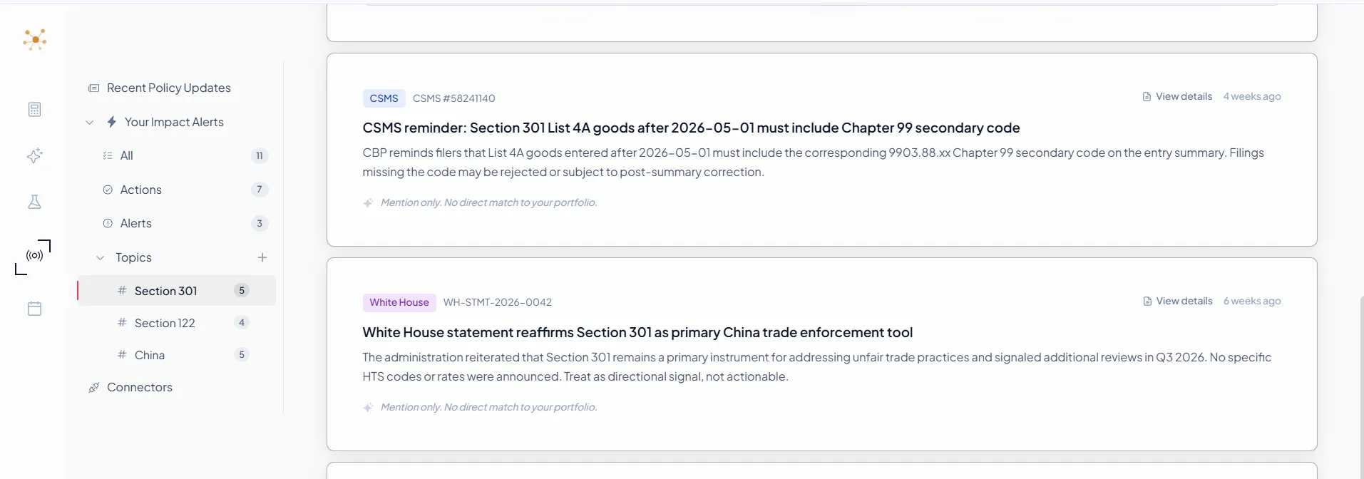 Compliance Radar Topics sidebar showing Section 301 (5 alerts), Section 122 (4), and China (5) subscriptions, with a CSMS reminder and a White House statement both filtered to the Section 301 topic