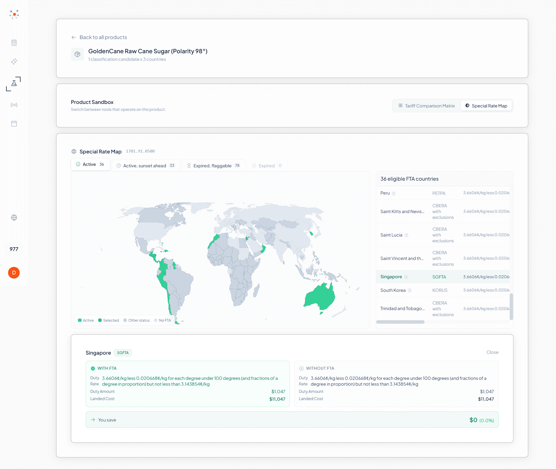 Sandbox Special Rate Map showing 36 FTA-eligible countries on a world map with Singapore selected and the FTA Compare Drawer comparing WITH FTA versus WITHOUT FTA duty and landed cost