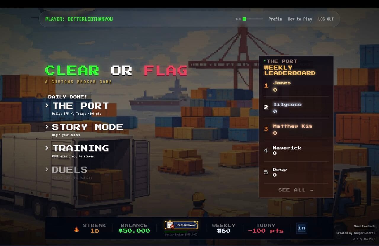 Clear or Flag, a customs broker game: the home screen with the weekly leaderboard