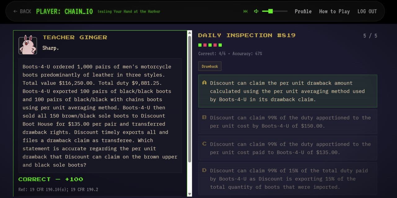 A daily inspection question about duty drawback, answered correctly